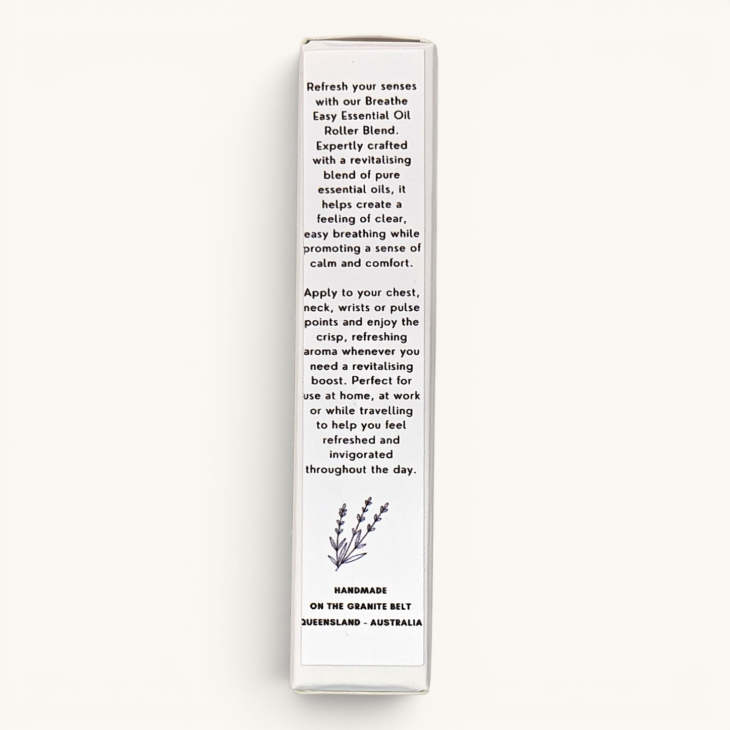 Breathe Easy Essential Oil Roller with Peppermint, Lavender and Eucalyptus essential oils box label with description and usage