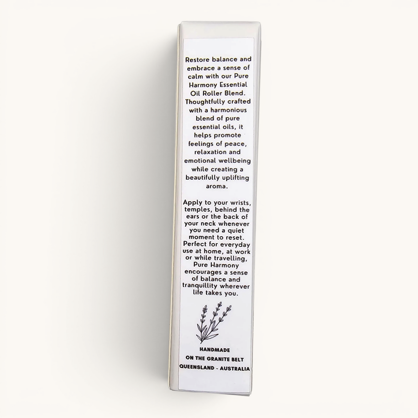 Pure Harmony Essential Oil Roller with Lavender, Bergamot and Patchouli essential oils box description and usage
