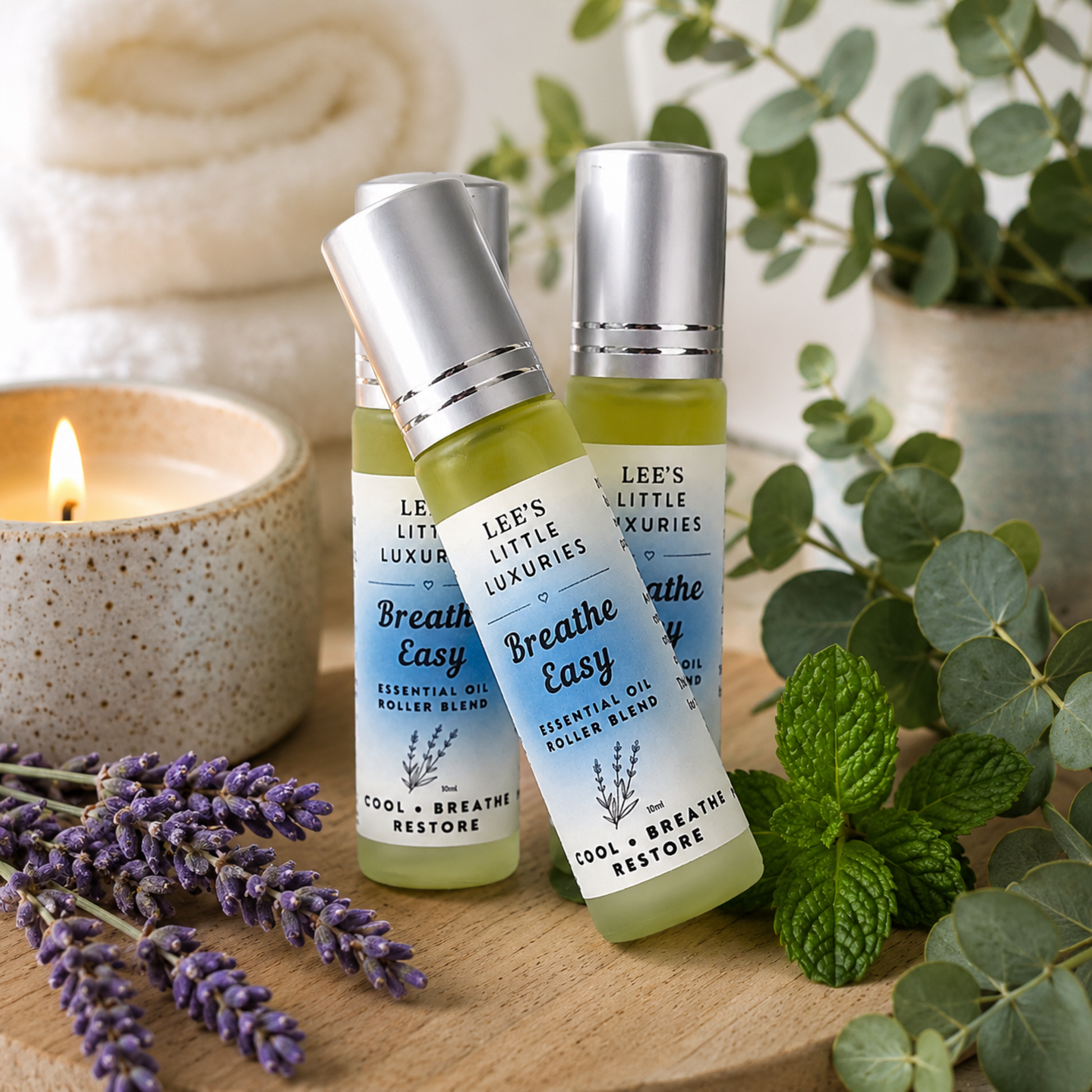 Breathe Easy Essential Oil Roller with Peppermint, Lavender and Eucalyptus essential oils in a 10ml glass roller bottle.