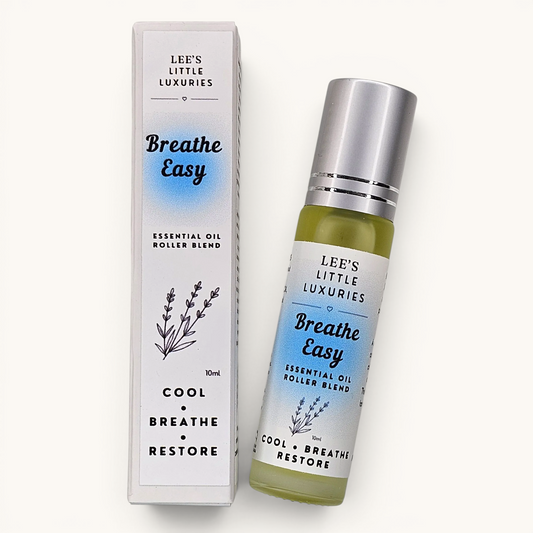 Breathe Easy Essential Oil Roller with Peppermint, Lavender and Eucalyptus essential oils in a 10ml glass roller bottle.