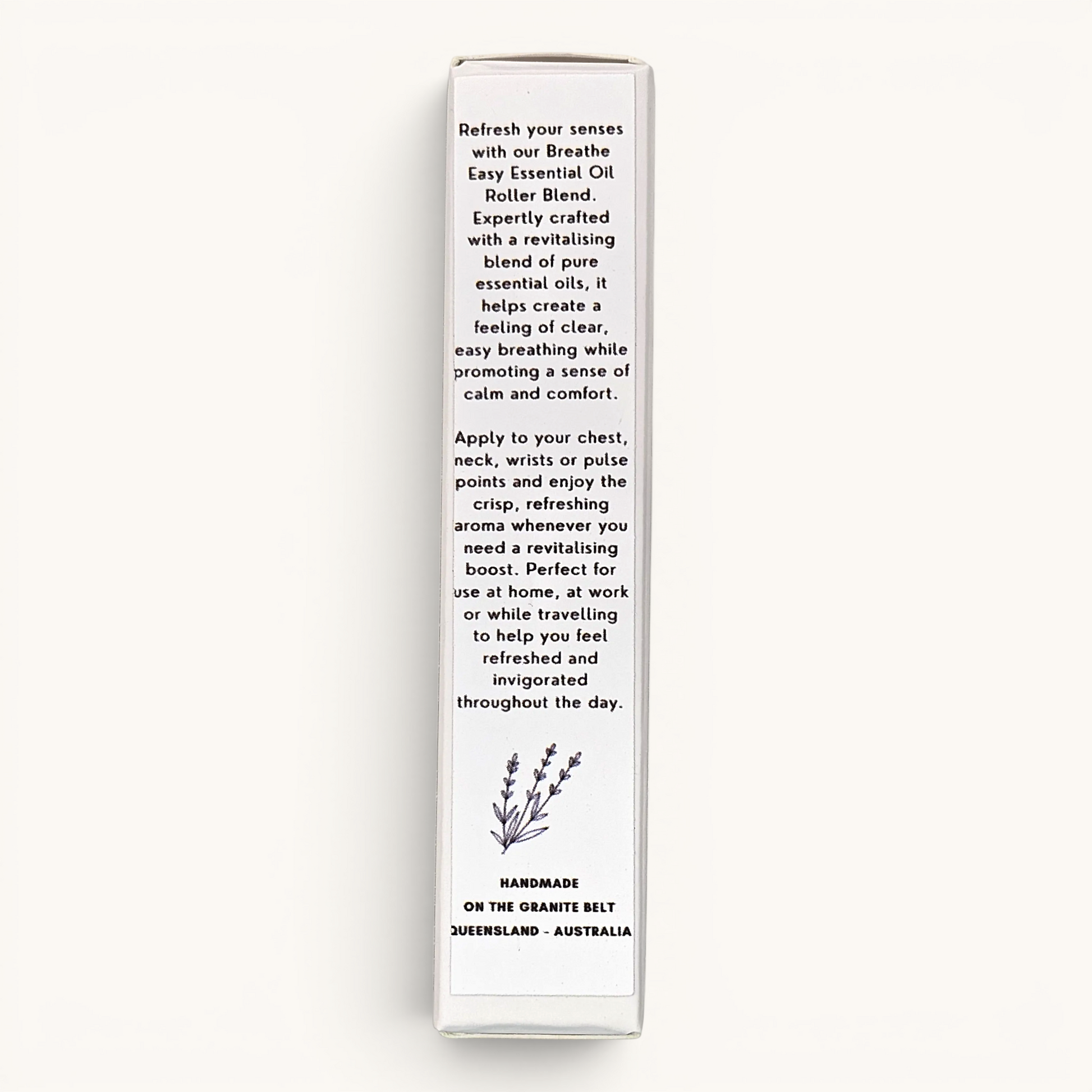 Breathe Easy Essential Oil Roller with Peppermint, Lavender and Eucalyptus essential oils box label with description and usage