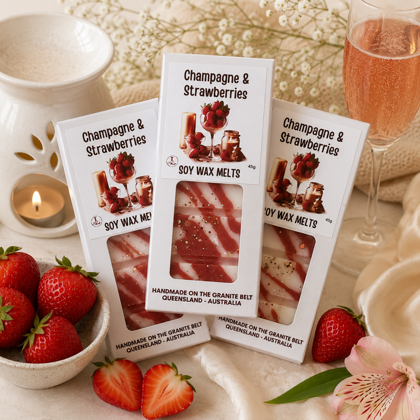 Luxury Champagne & Strawberries Soy Wax Melts by Lee's Little Luxuries displayed with a ceramic wax burner, fresh strawberries and a glass of sparkling champagne in a cosy home setting, handmade on the Granite Belt, Queensland, Australia.