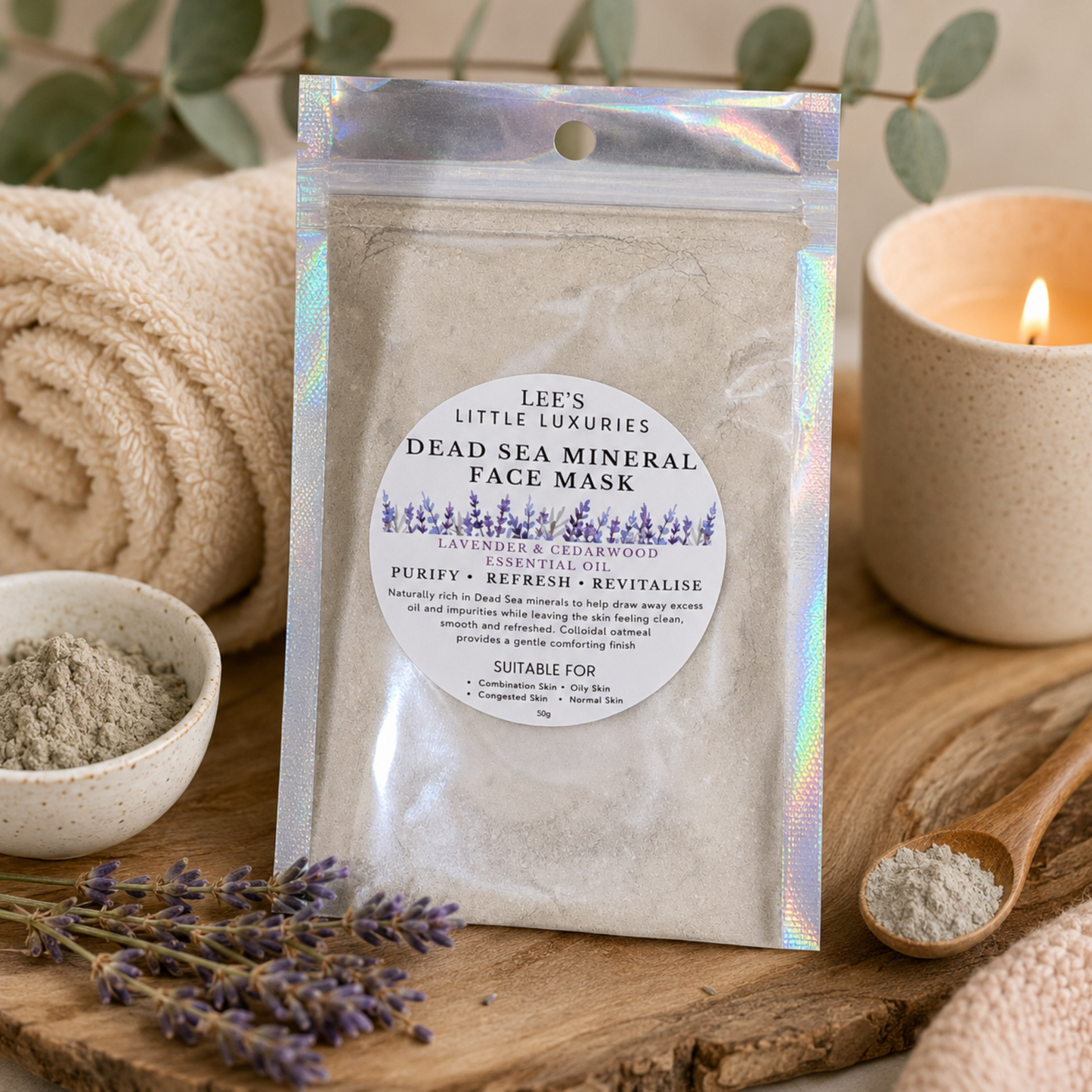Lee's Little Luxuries Dead Sea Mud Face Mask with Lavender & Cedarwood Essential Oils in a resealable pouch for deep cleansing and purifying skincare.