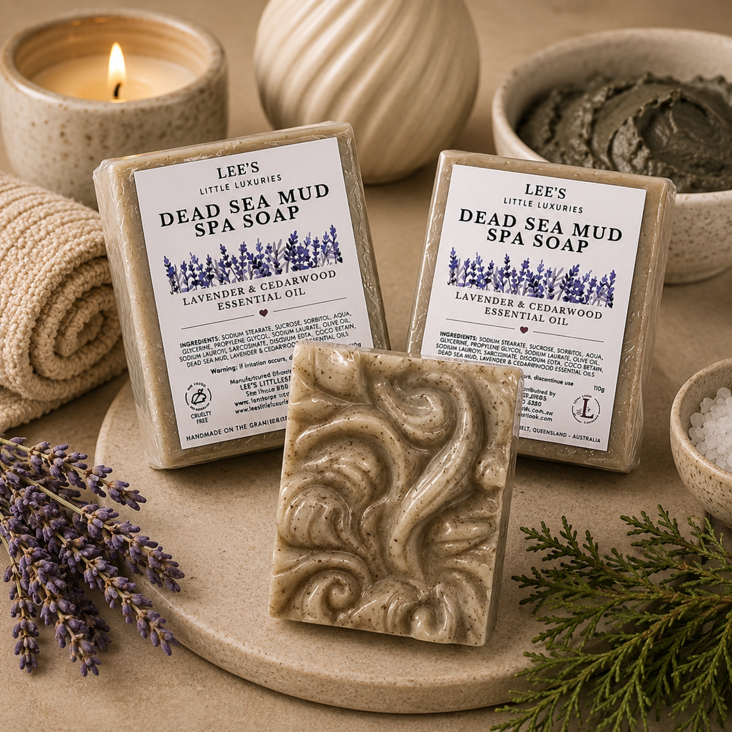 Dead Sea Mud Spa Soap displayed in a luxury spa setting with towels, lavender, sea salt and candle