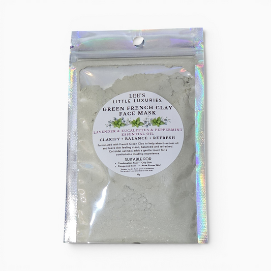 Lee's Little Luxuries Green French Clay Face Mask with Lavender, Eucalyptus and Peppermint Essential Oils in a resealable pouch.