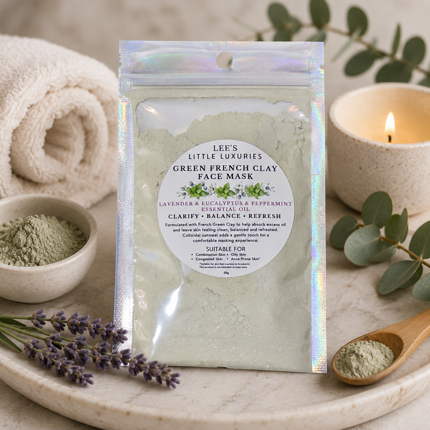 Lee's Little Luxuries Green French Clay Face Mask with Lavender, Eucalyptus and Peppermint Essential Oils in a resealable pouch.