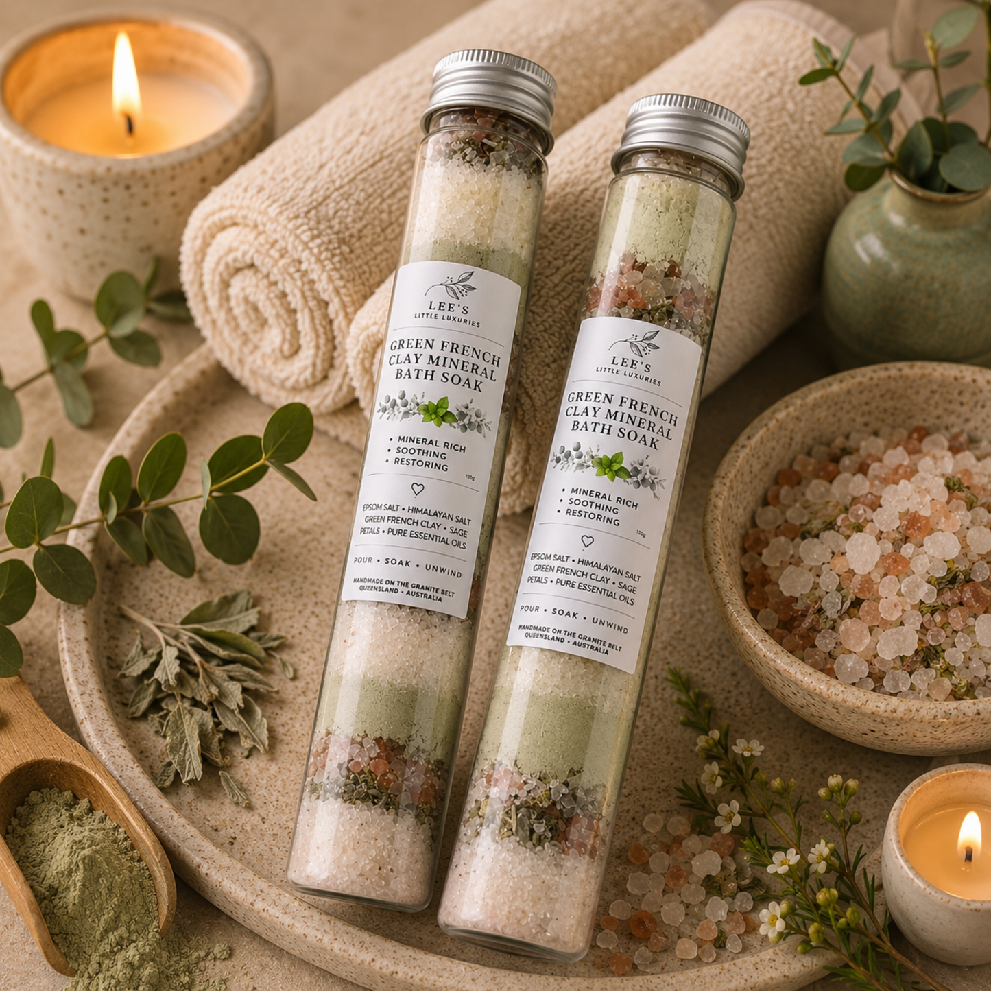 Green French Clay Mineral Bath Soak displayed in a luxury spa setting with eucalyptus, towels and candles.