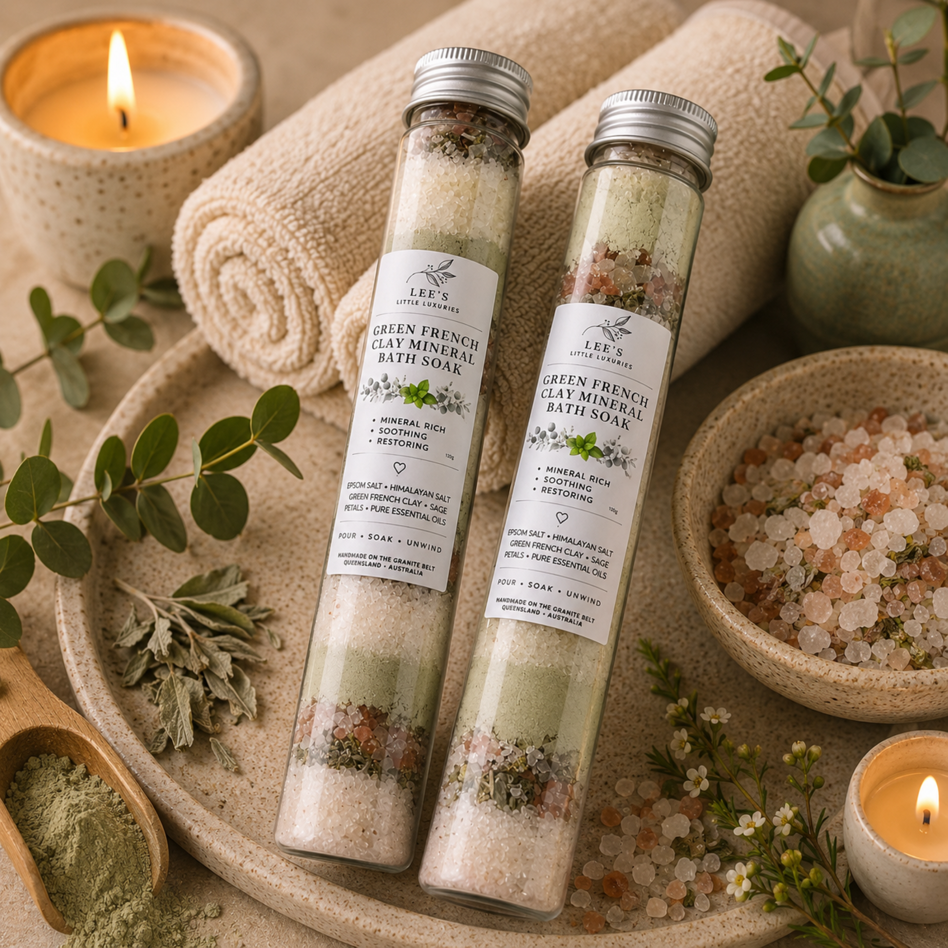 Green French Clay Mineral Bath Soak displayed in a luxury spa setting with eucalyptus, towels and candles.