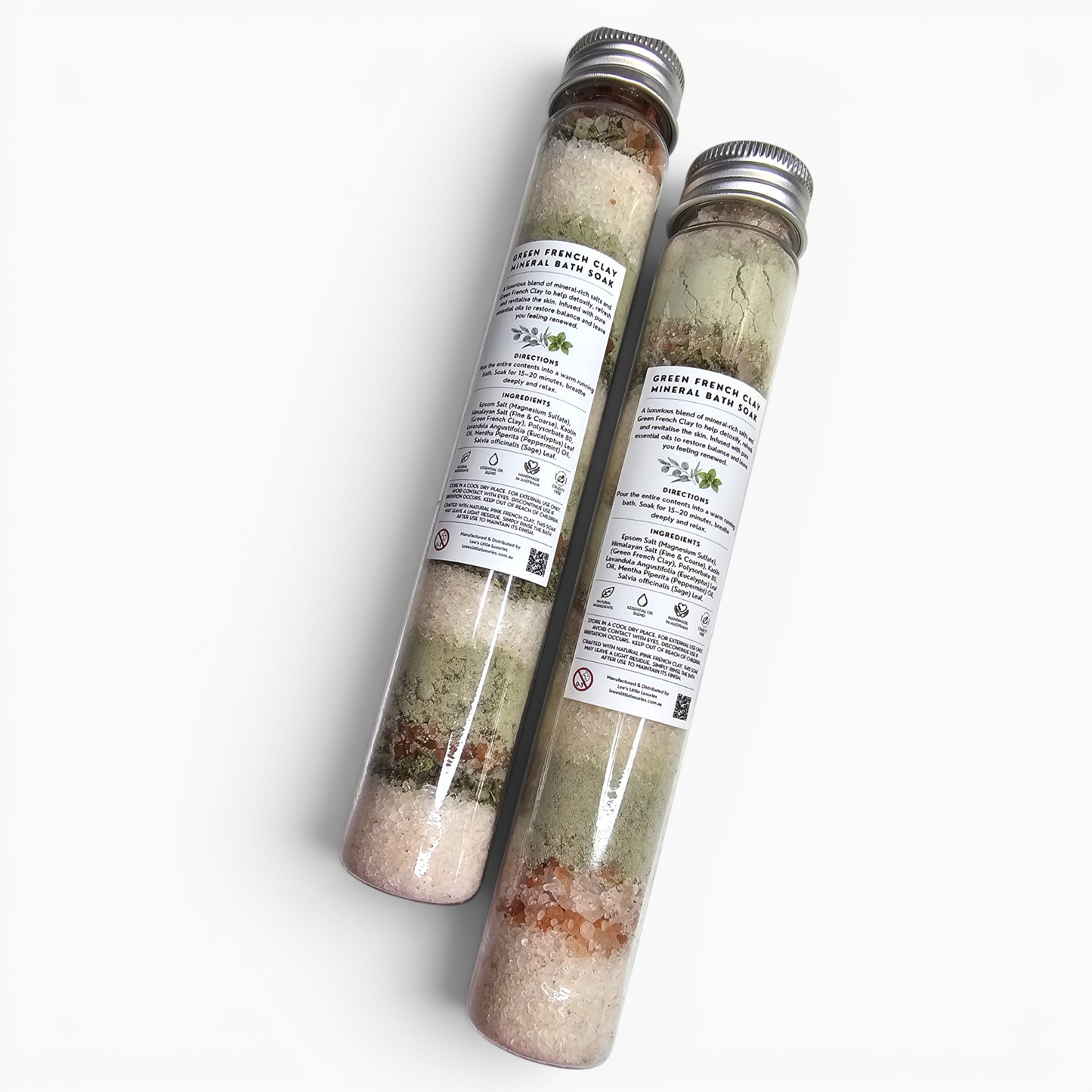Green French Clay Mineral Bath Soak ingredients and directions label.