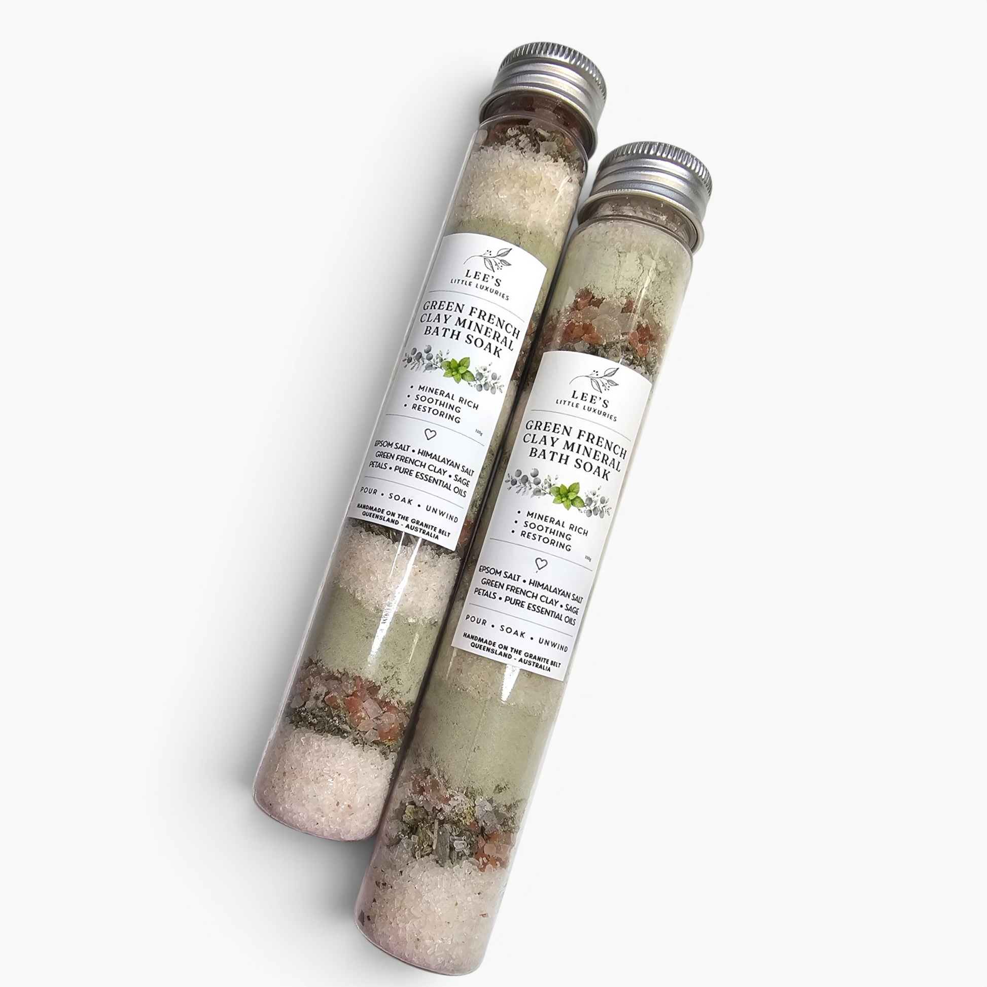 Green French Clay Mineral Bath Soak by Lee's Little Luxuries in plastic tube packaging.