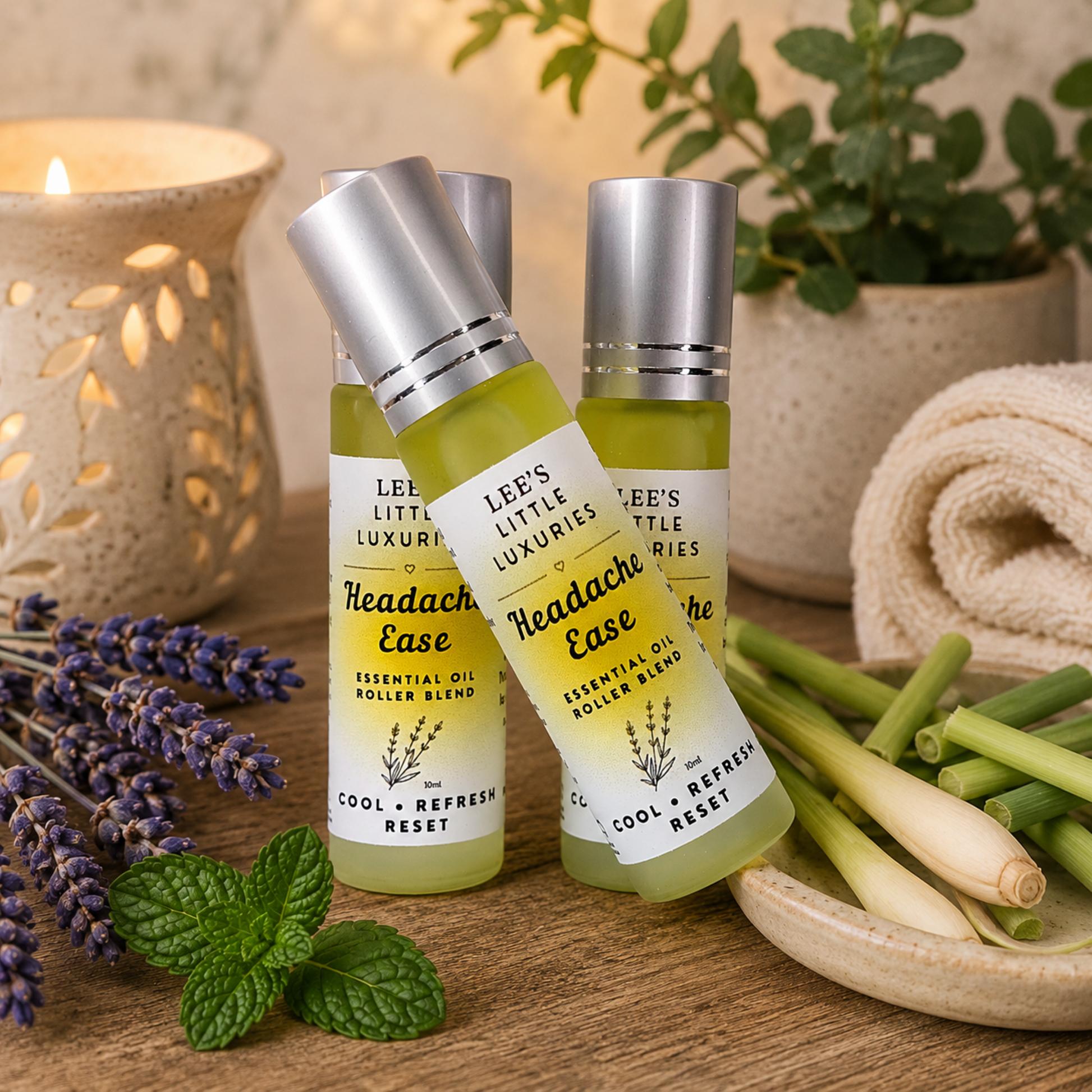 Headache Ease Essential Oil Roller with Lavender, Peppermint and Lemongrass essential oils in a 10ml glass roller bottle.