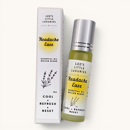 Headache Ease Essential Oil Roller with Lavender, Peppermint and Lemongrass essential oils in a 10ml glass roller bottle.