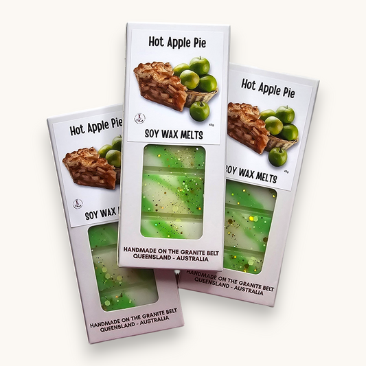 Handmade Hot Apple Pie Premium Soy Wax Melts in a white kraft window box with a hanging tab, crafted from premium soy wax in Australia.