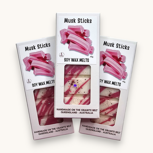 Handmade Musk Sticks Premium Soy Wax Melts in a wihte kraft window box with a hanging tab, made from premium soy wax in Australia.