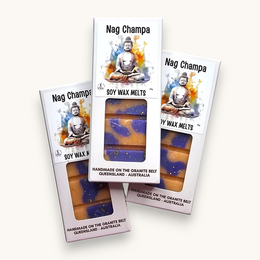 Handmade Nag Champa Soy Wax Melts in a premium kraft window box with a hanging tab, crafted from premium soy wax in Australia.