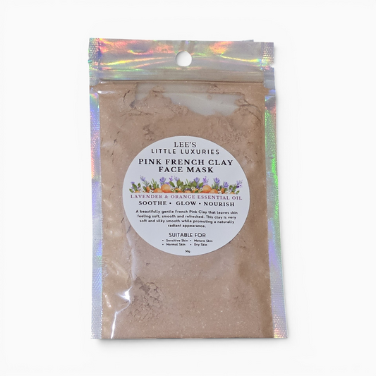 Lee's Little Luxuries Pink French Clay Face Mask with Lavender and Sweet Orange Essential Oils in a resealable pouch.