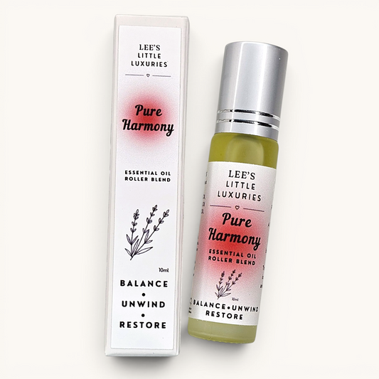 Pure Harmony Essential Oil Roller with Lavender, Bergamot and Patchouli essential oils in a 10ml glass roller bottle.