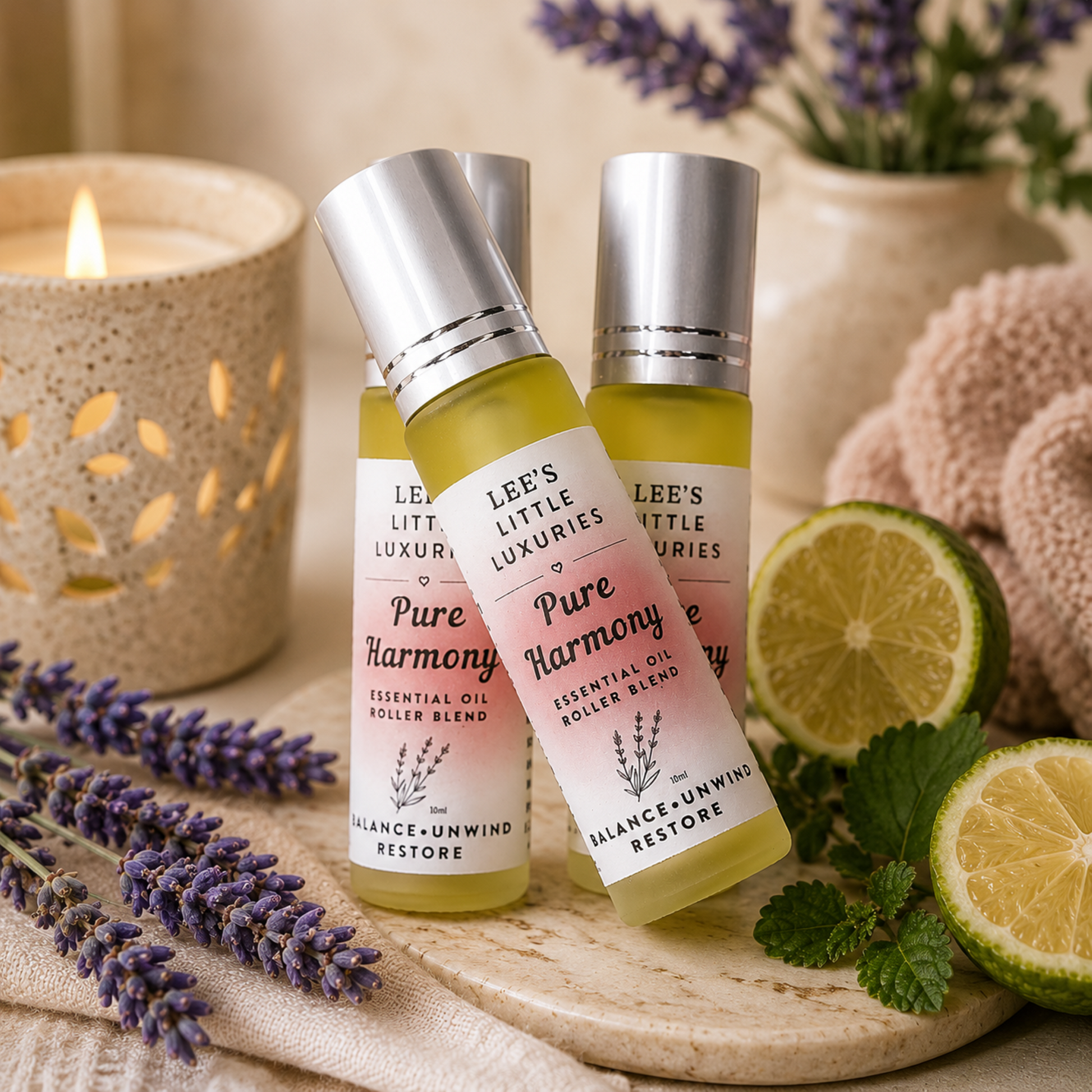 Pure Harmony Essential Oil Roller with Lavender, Bergamot and Patchouli essential oils in a 10ml glass roller bottle.
