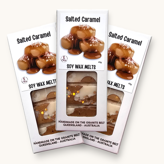 Handmade Salted Caramel Soy Wax Melts in premium hanging packaging with caramel-coloured swirled wax.
