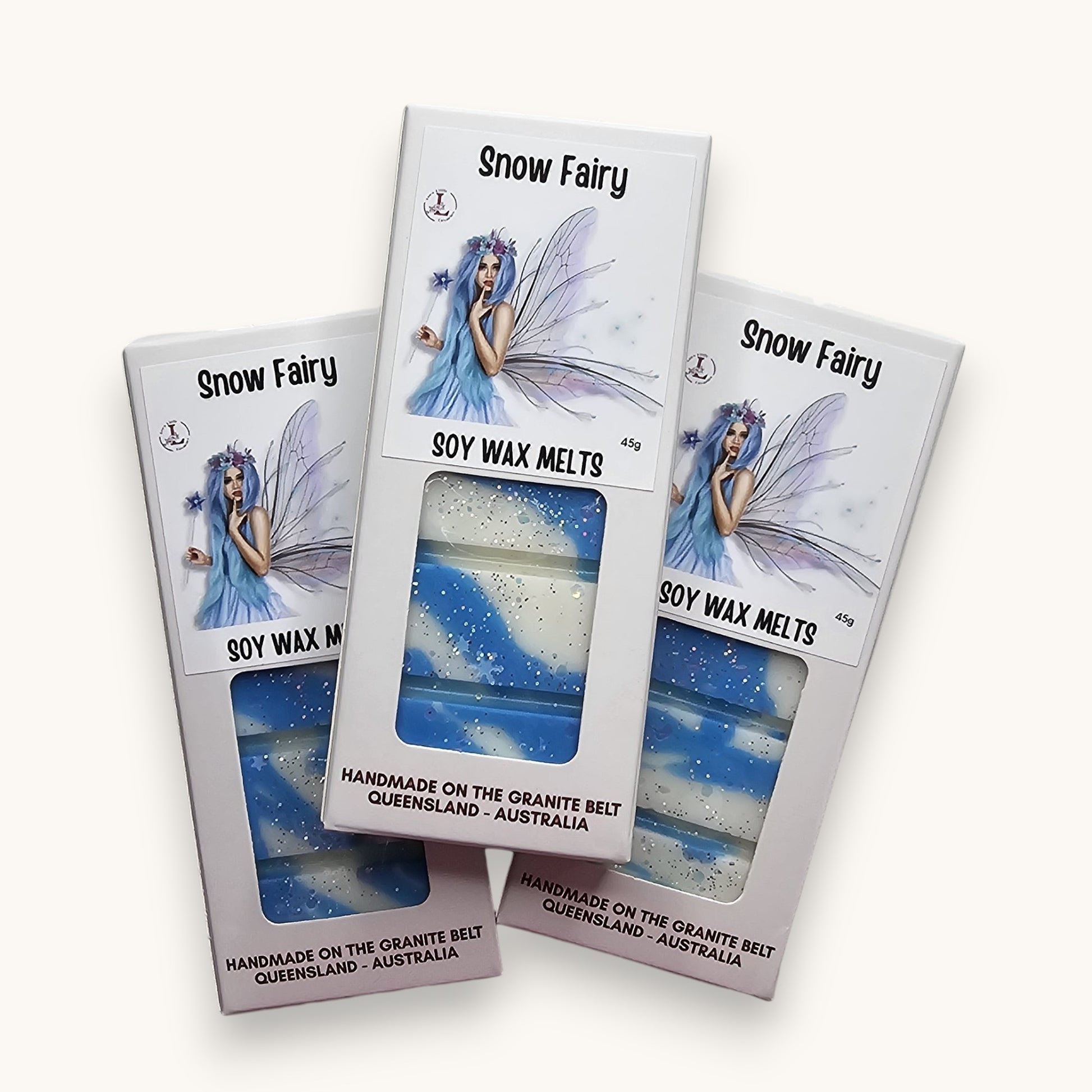 Handmade Snow Fairy Soy Wax Melts in a premium kraft window box with a hanging tab, crafted from premium soy wax in Australia.