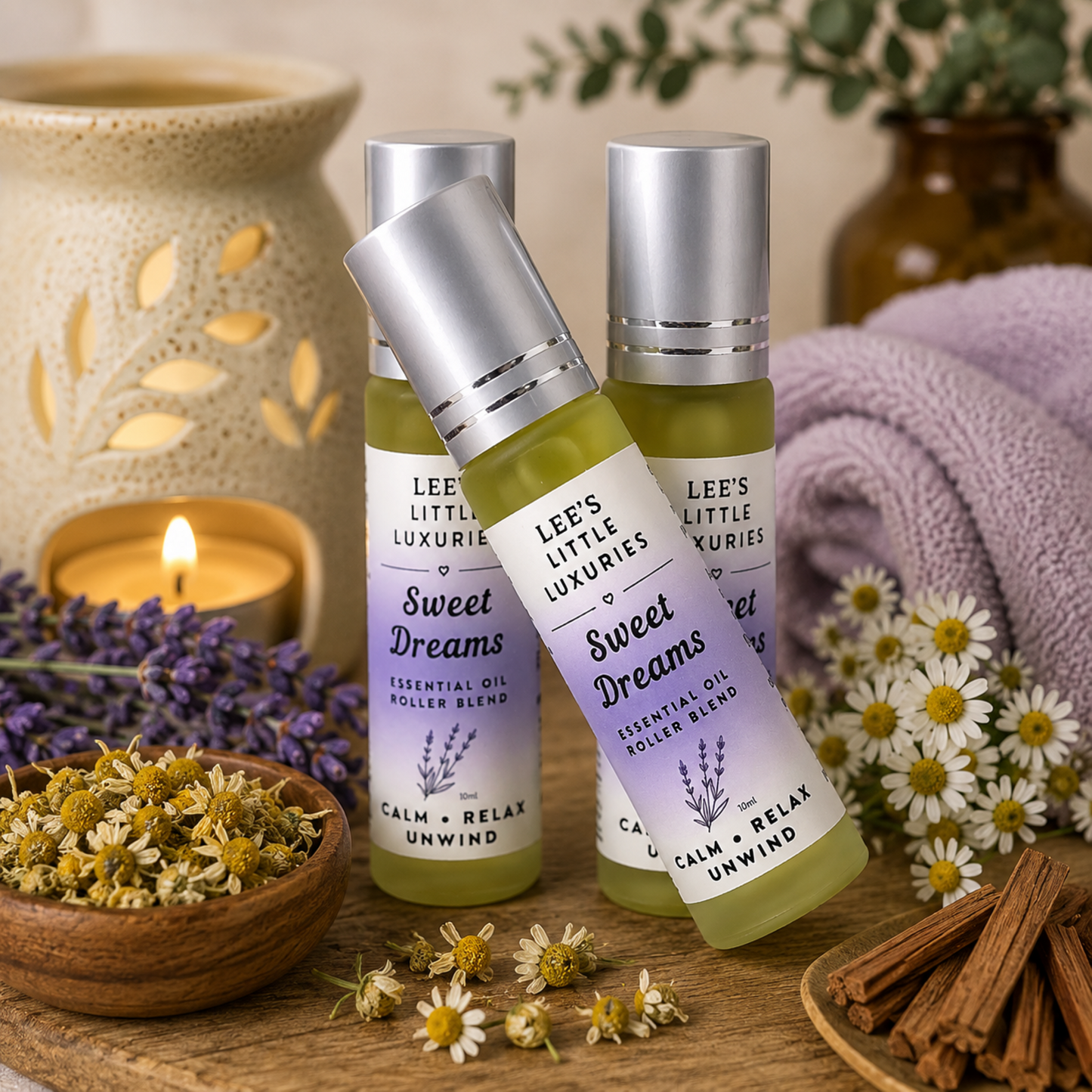 Sweet Dreams Essential Oil Roller with Lavender, Cedarwood and Chamomile essential oils in a 10ml amber glass roller bottle.