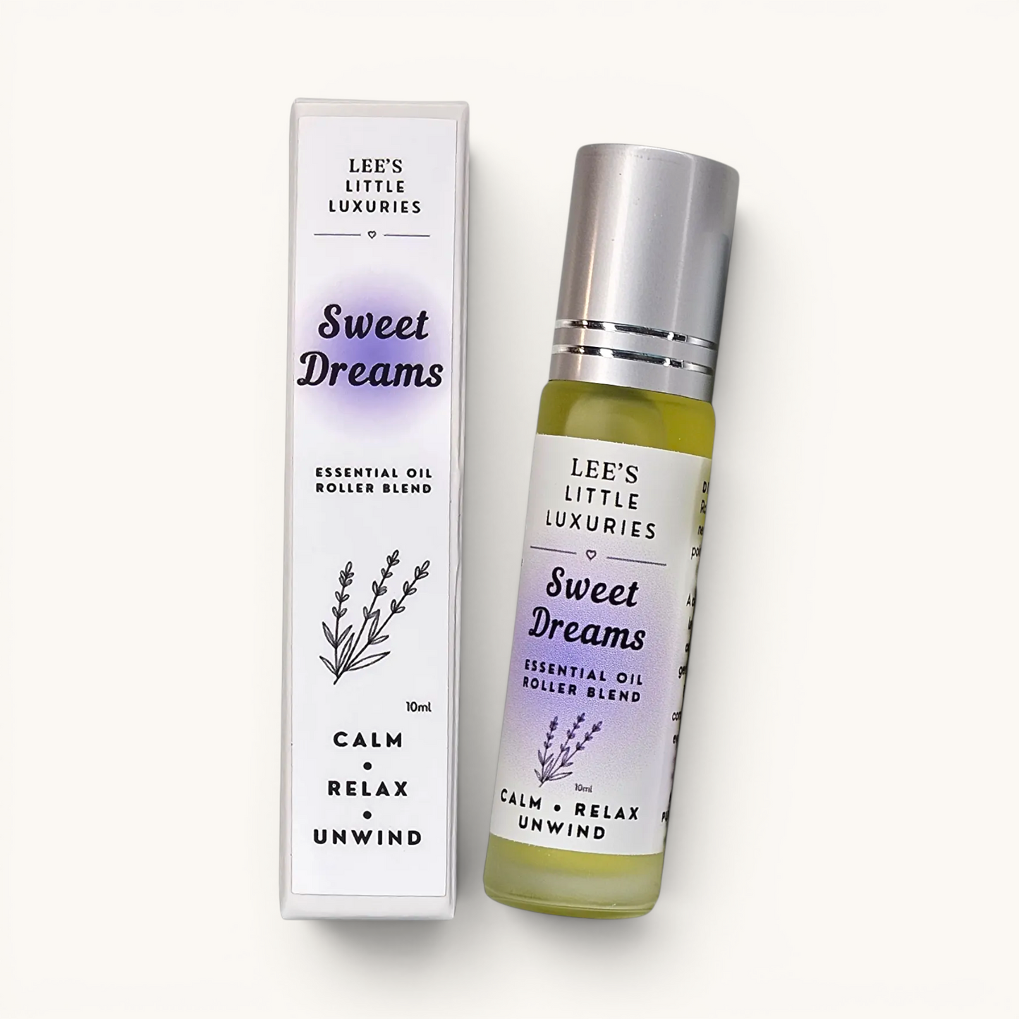 Sweet Dreams Essential Oil Roller with Lavender, Cedarwood and Chamomile essential oils in a 10ml  glass roller bottle.