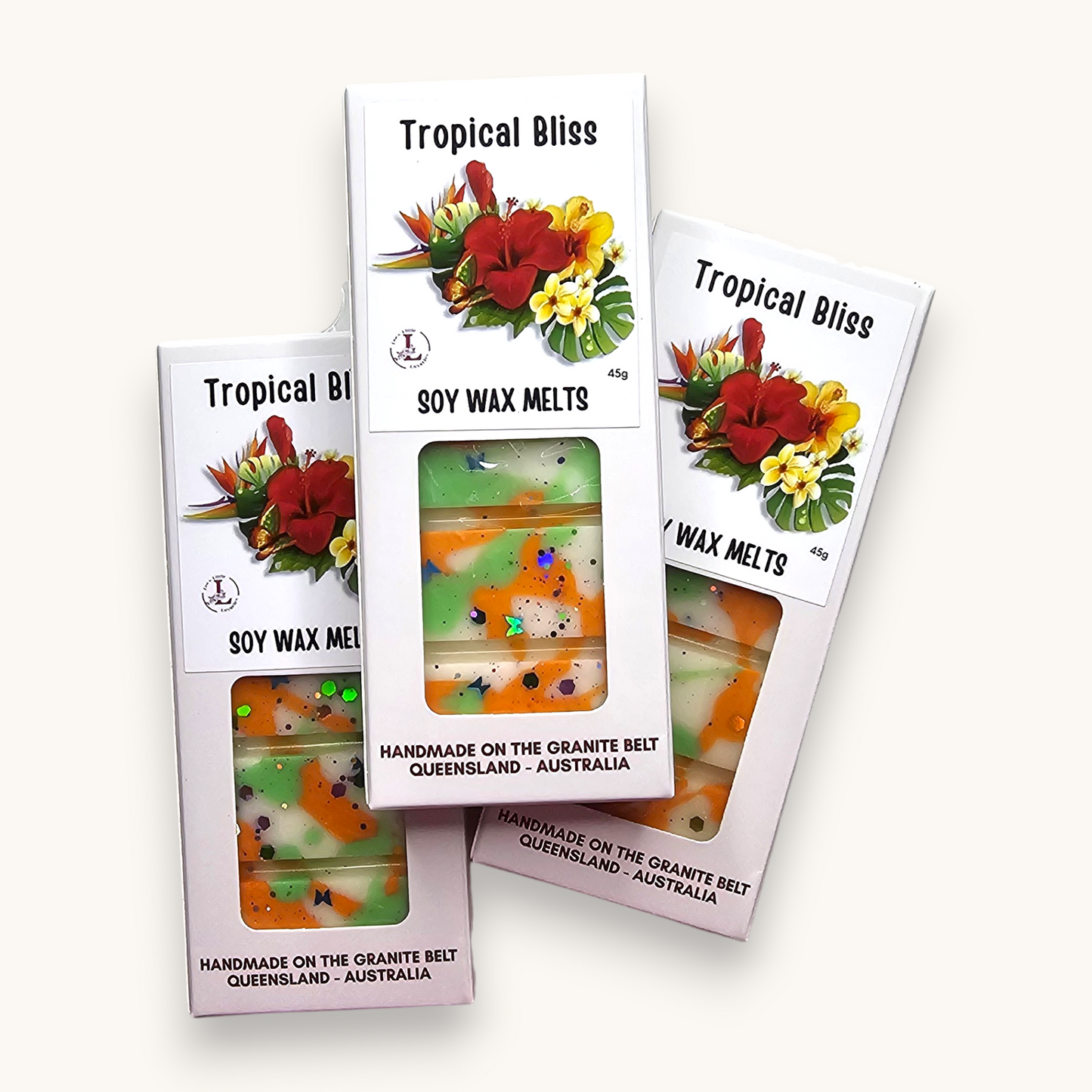 Handmade Tropical Bliss Premium Soy Wax Melts in a white kraft window box with a hanging tab, made from premium soy wax in Australia.