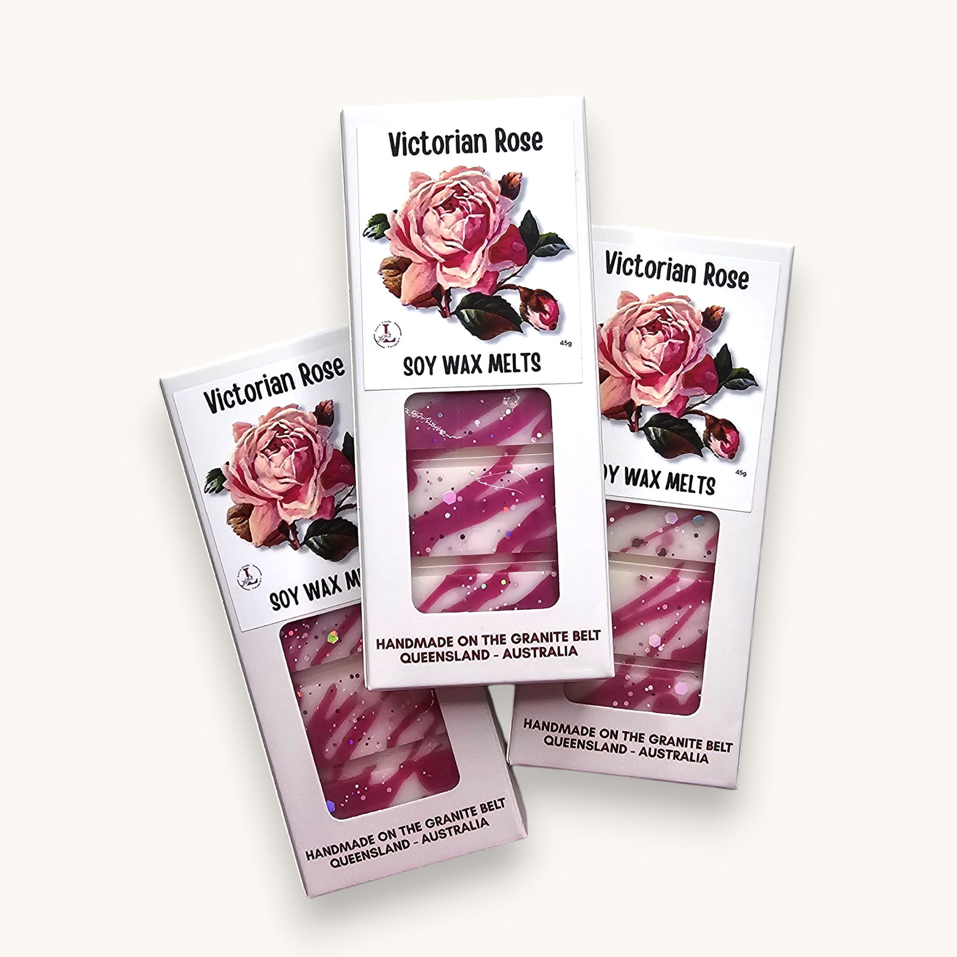 Handmade Victorian Rose Premium Soy Wax Melts in a white kraft window box with a hanging tab, crafted from premium soy wax in Australia. 