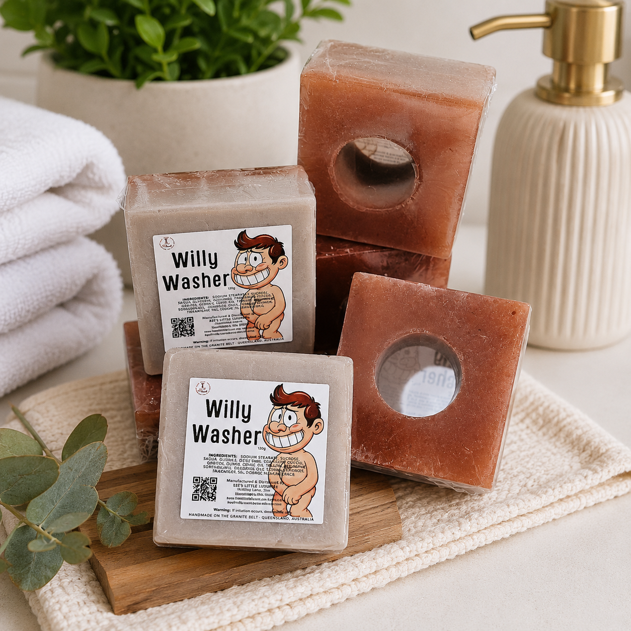 Willy Washer novelty soap, handmade in Queensland Australia, with square soap bars featuring a circular centre hole and cheeky Willy Washer label.