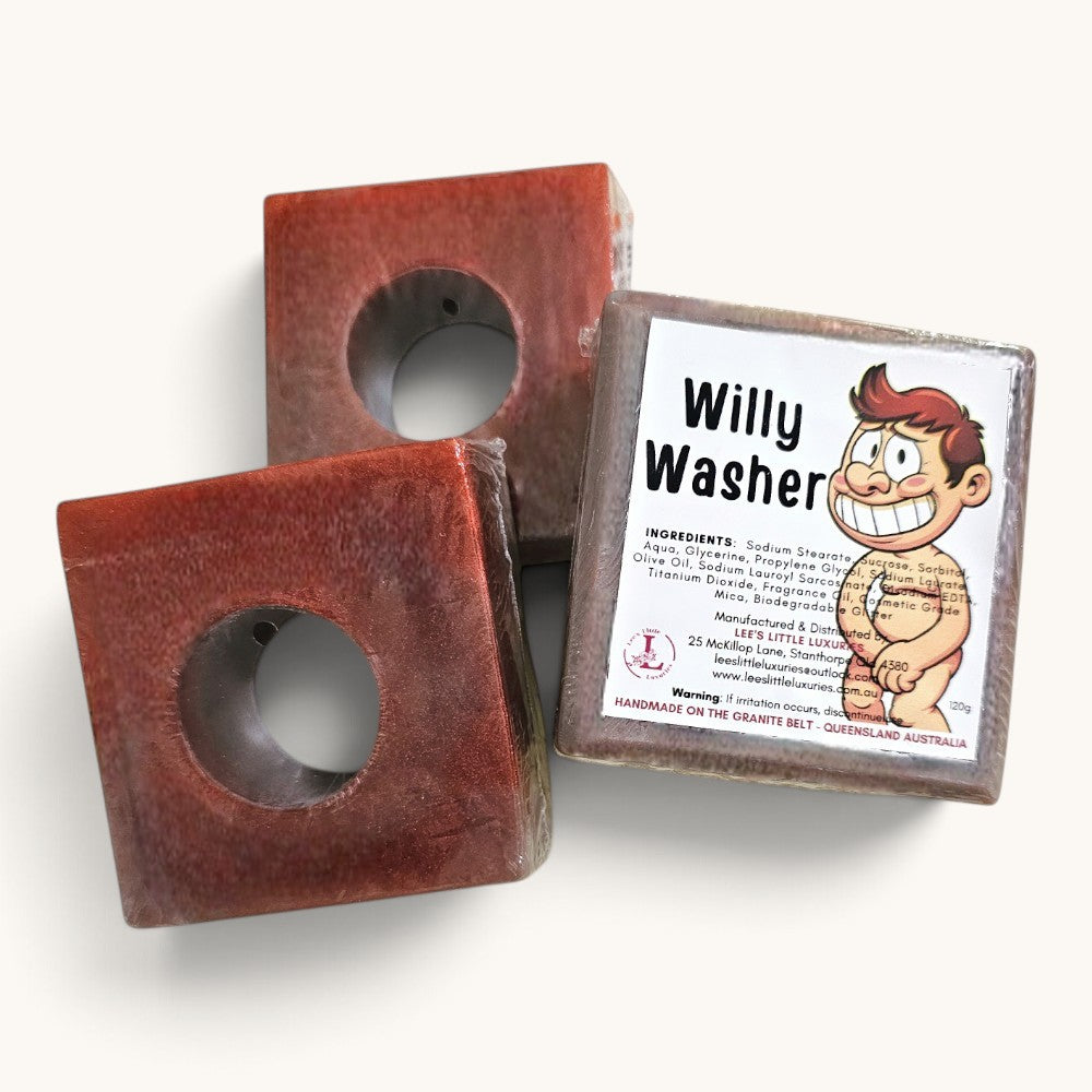 Willy Washer novelty soap, handmade in Queensland Australia, with square soap bars featuring a circular centre hole and cheeky Willy Washer label.