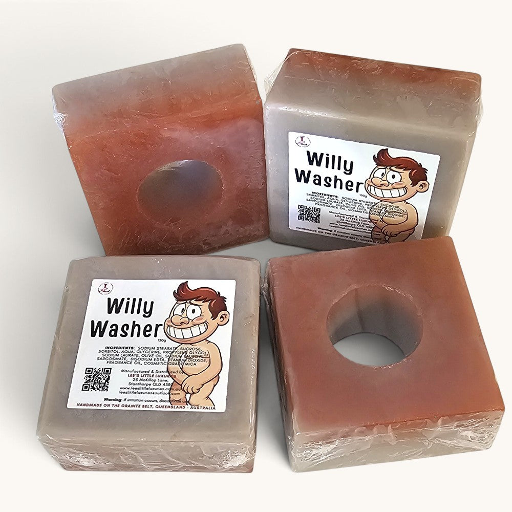 Willy Washer novelty soap, handmade in Queensland Australia, with square soap bars featuring a circular centre hole and cheeky Willy Washer label.