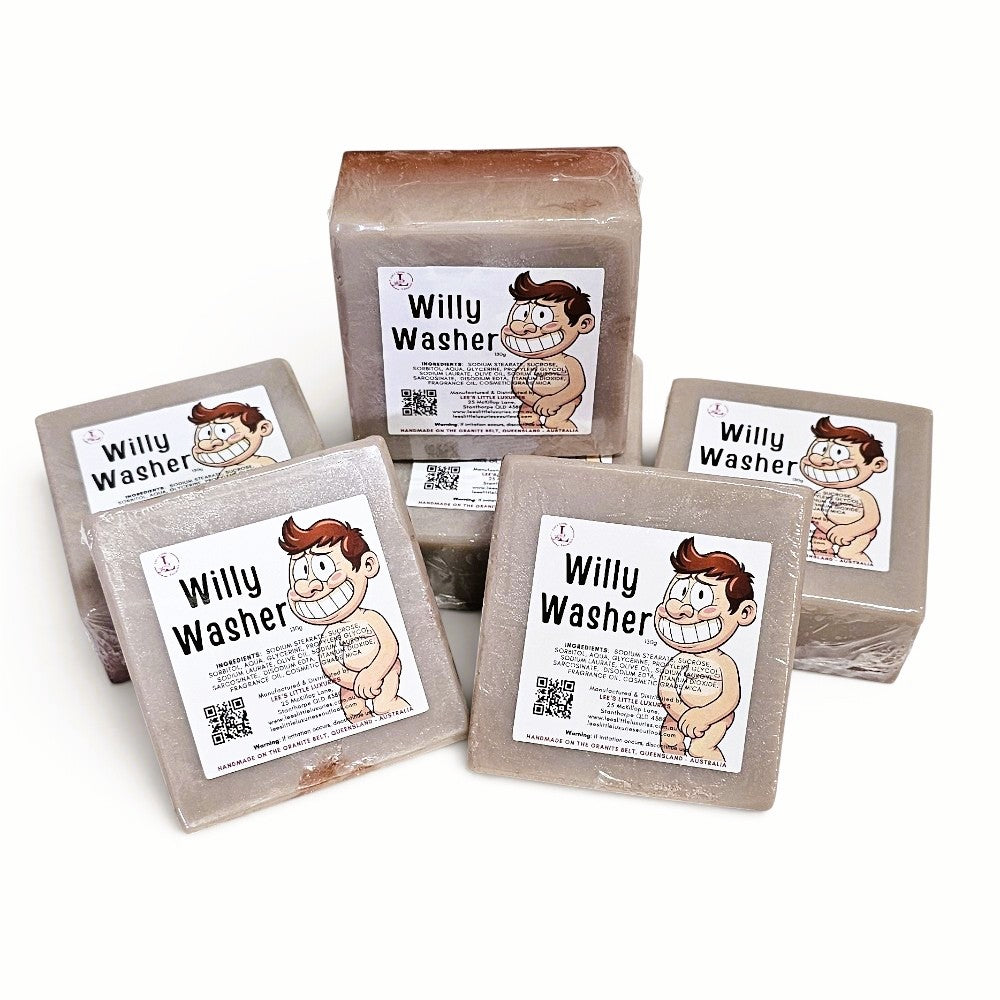 Willy Washer novelty soap, handmade in Queensland Australia, with square soap bars featuring a circular centre hole and cheeky Willy Washer label.
